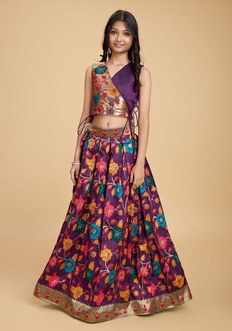 Purple Woven Design Silk Lehenga Set For Girls — view on Indya