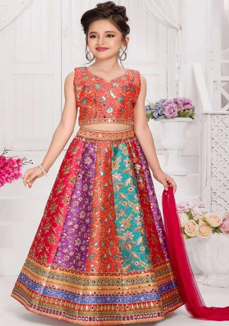 Multi Embellished Silk Lehenga Set For Girls - Indya