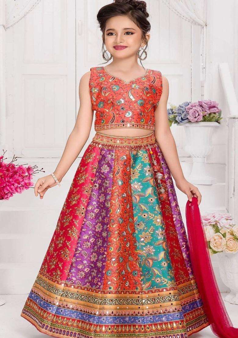 Multi Embellished Silk Lehenga Set For Girls - Indya
