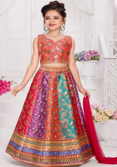 Multi Embellished Silk Lehenga Set For Girls — view on Indya