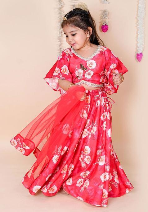 Red Embellished Silk Lehenga Set For Girls — view on Indya