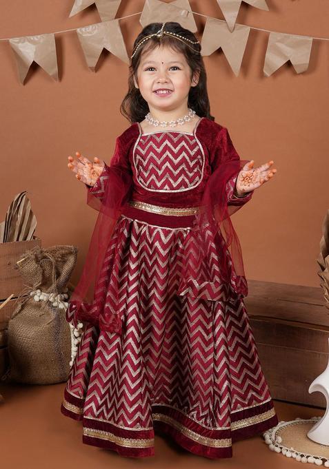 Maroon Embellished Velvet Lehenga Set For Girls — view on Indya