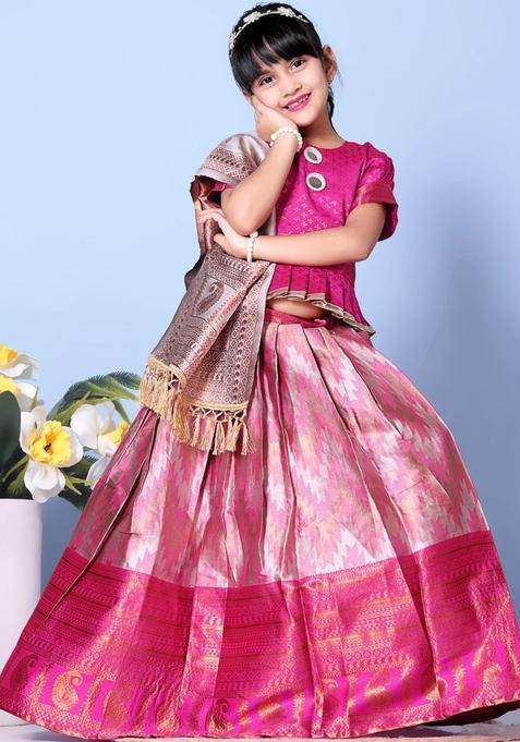 Pink Woven Design Silk Lehenga Set For Girls — view on Indya