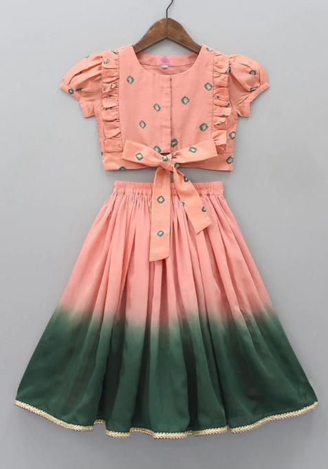 Peach Printed Polyester Lehenga Set For Girls — view on Indya