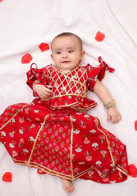 Red Printed Cotton Lehenga Set For Girls — view on Indya