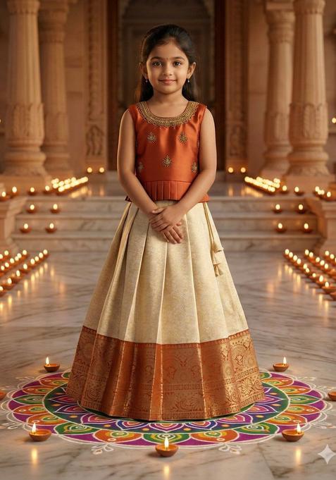Orange Embellished Silk Lehenga Set For Girls — view on Indya