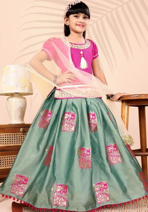Green Embellished Silk Lehenga Set For Girls — view on Indya