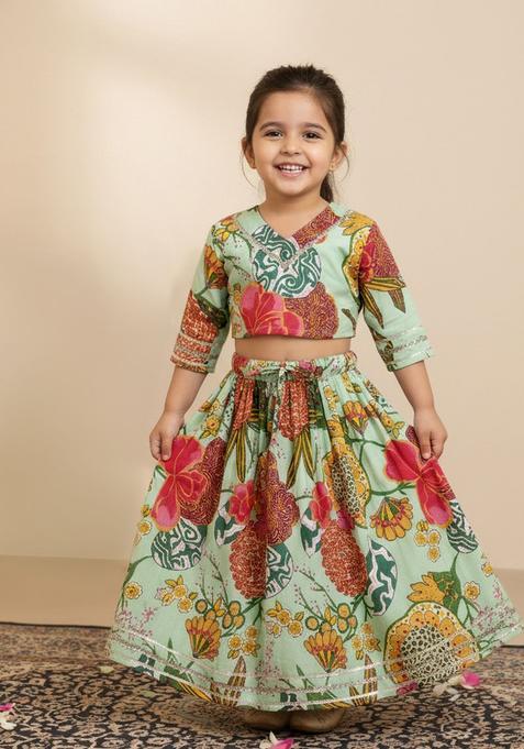 Green Printed Cotton Lehenga Set For Girls — view on Indya