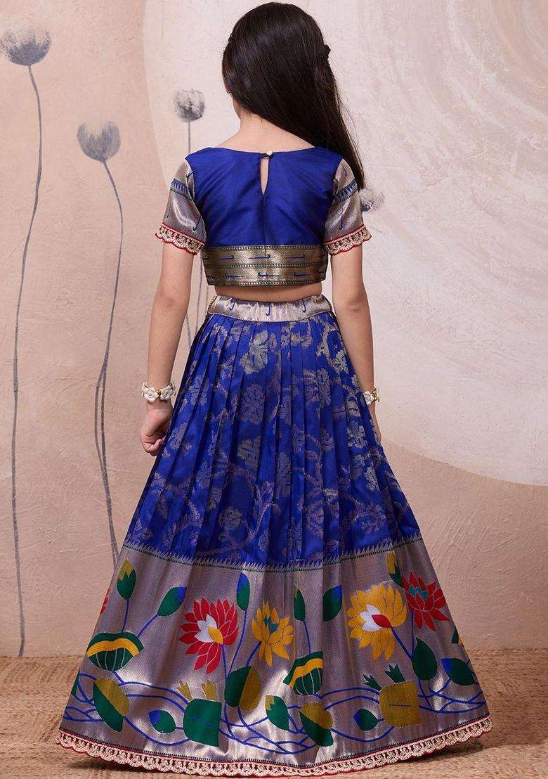 Blue Woven Design Silk Lehenga Set For Girls - Indya