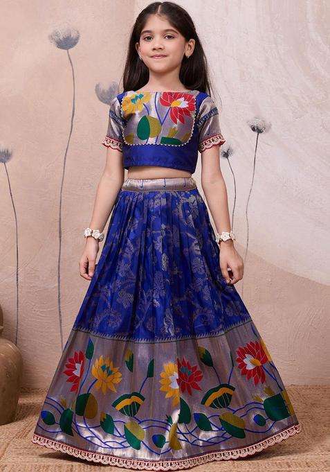 Blue Woven Design Silk Lehenga Set For Girls
