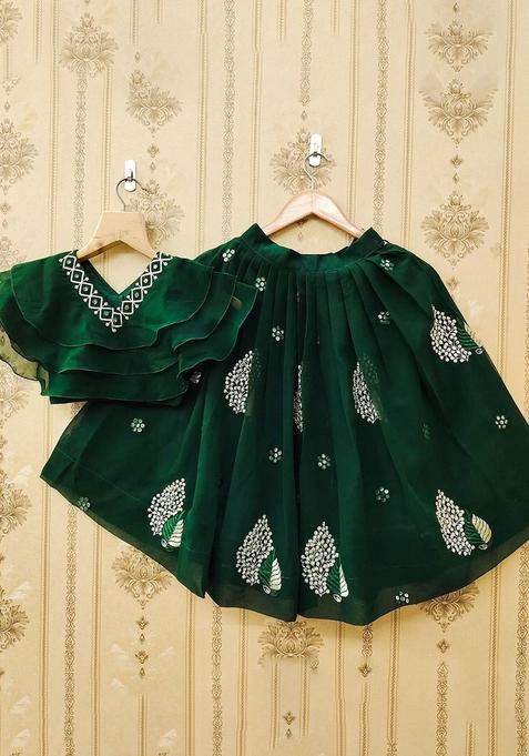 Green Embellished Silk Lehenga Set For Girls — view on Indya