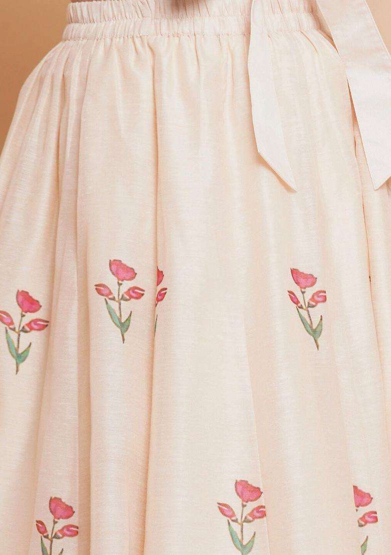 Beige Solid Silk Lehenga Set For Girls - Indya