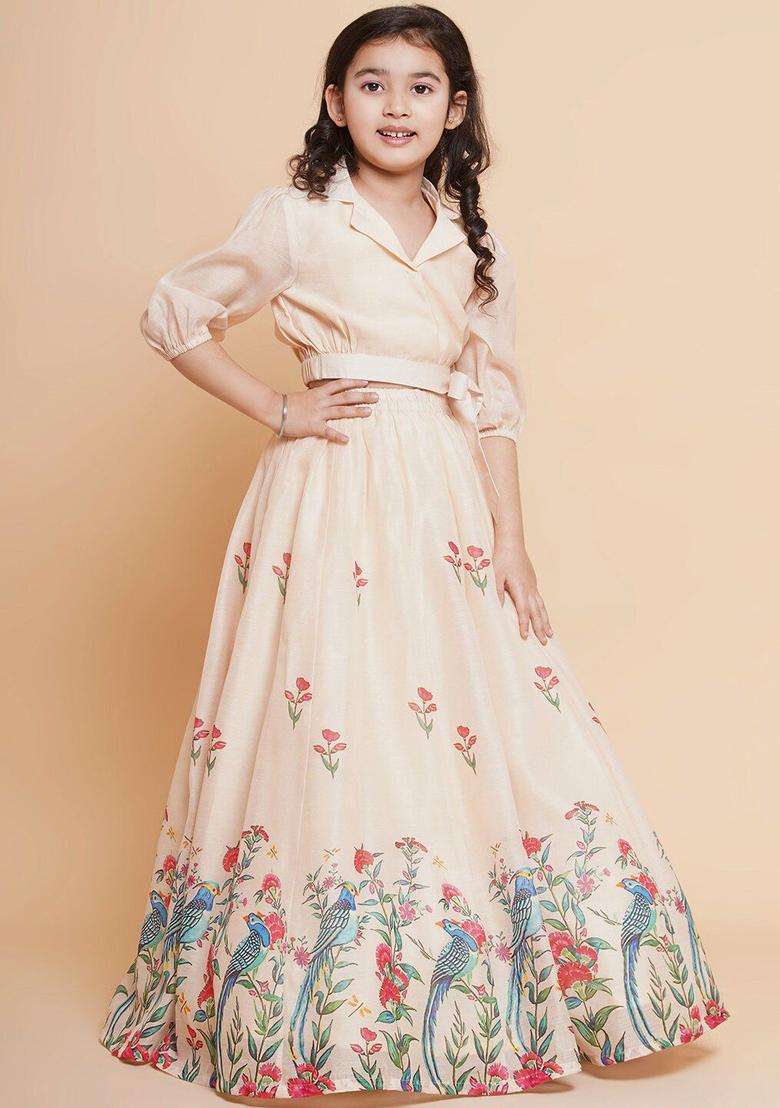 Beige Solid Silk Lehenga Set For Girls - Indya