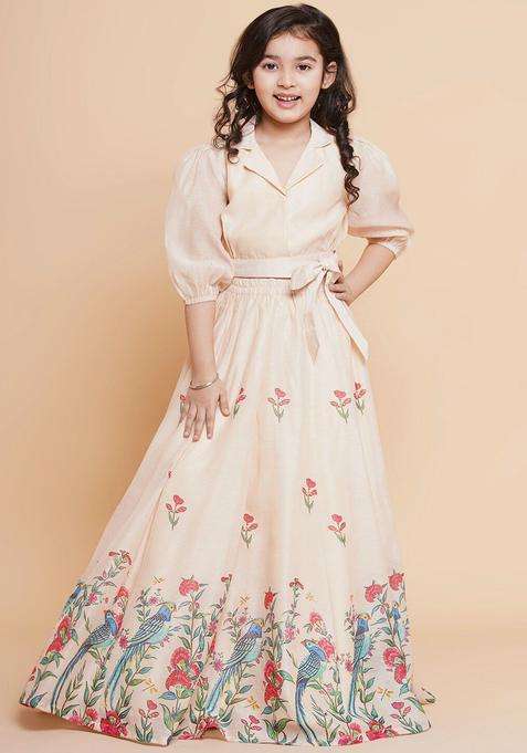 Beige Solid Silk Lehenga Set For Girls