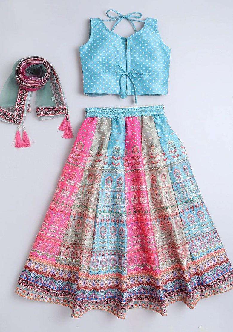 Pink Embellished Silk Lehenga Set For Girls - Indya