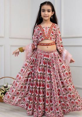 Red Embellished Georgette Lehenga Set For Girls