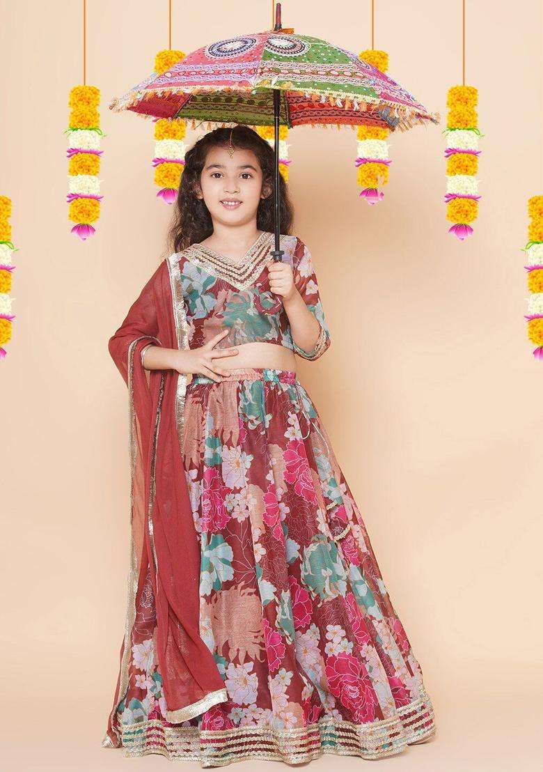 Maroon Printed Silk Lehenga Set For Girls - Indya
