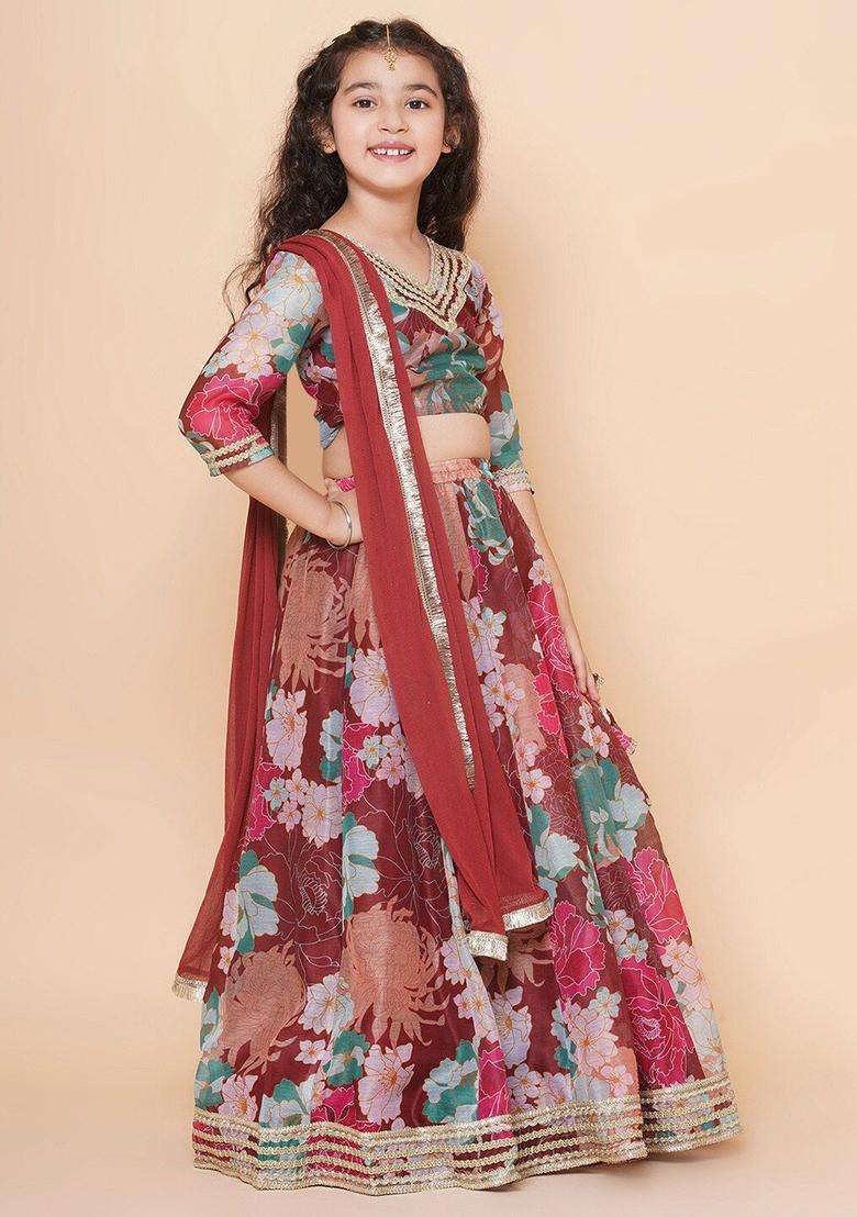 Maroon Printed Silk Lehenga Set For Girls - Indya