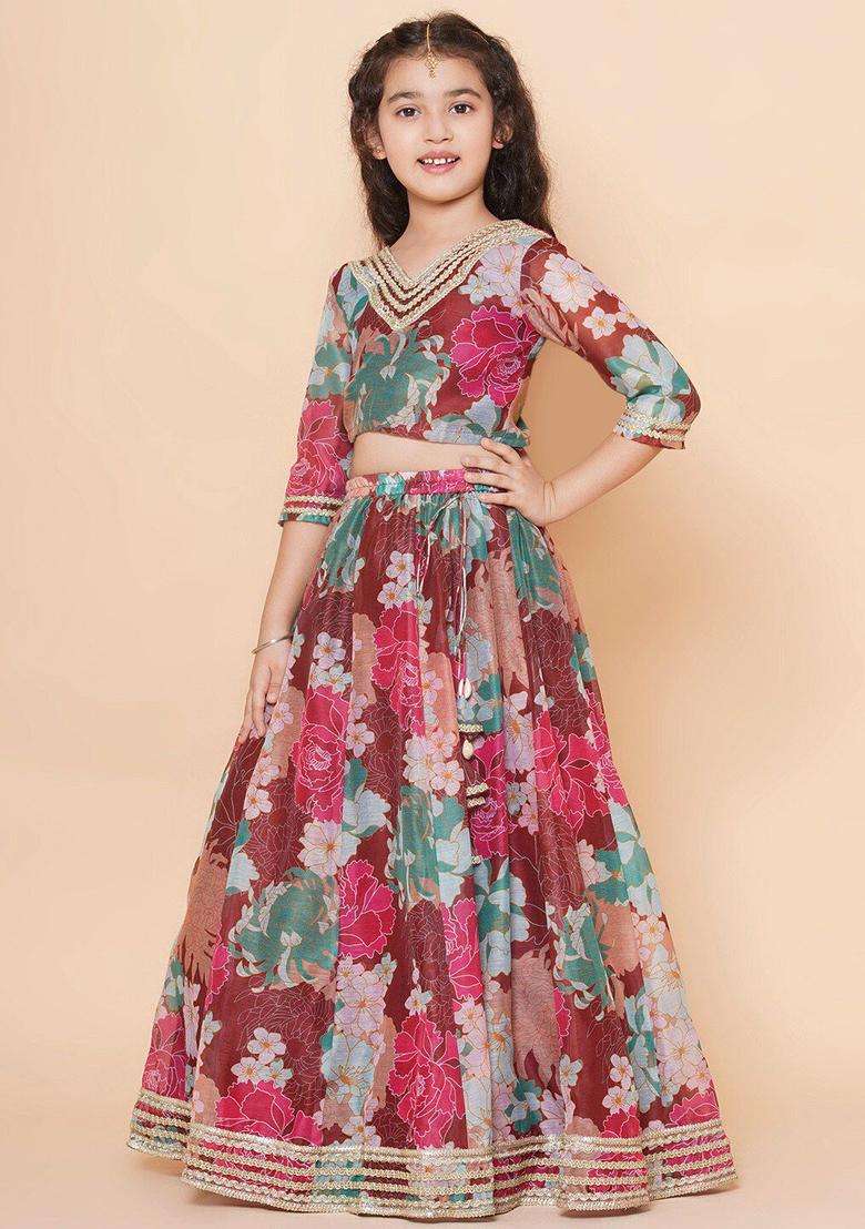 Maroon Printed Silk Lehenga Set For Girls - Indya