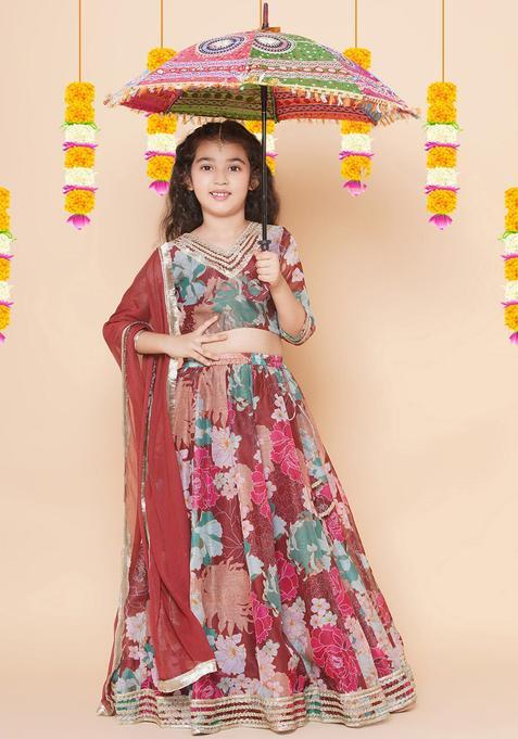 Maroon Printed Silk Lehenga Set For Girls — view on Indya