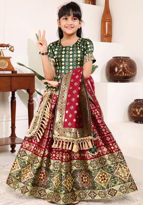Red Woven Design Silk Lehenga Set For Girls