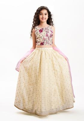 White Embroidered Silk Lehenga Set For Girls