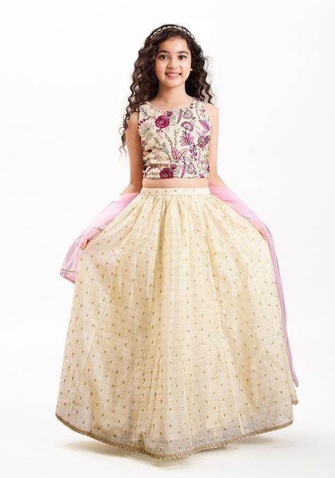 White Embroidered Silk Lehenga Set For Girls — view on Indya