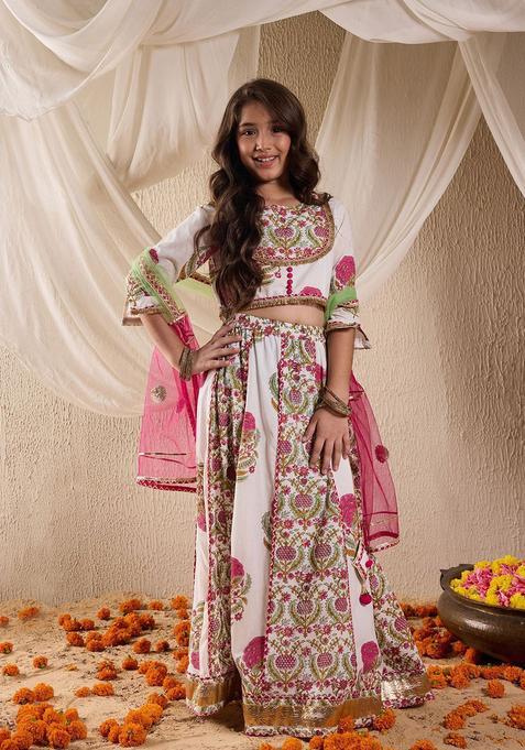 White Printed Net Lehenga Set For Girls — view on Indya
