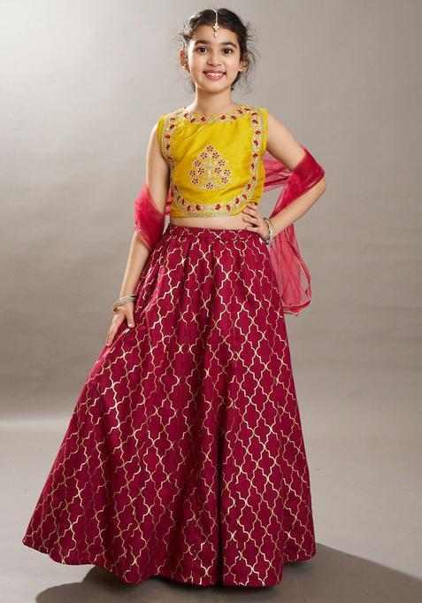 Maroon Embroidered Silk Lehenga Set For Girls — view on Indya