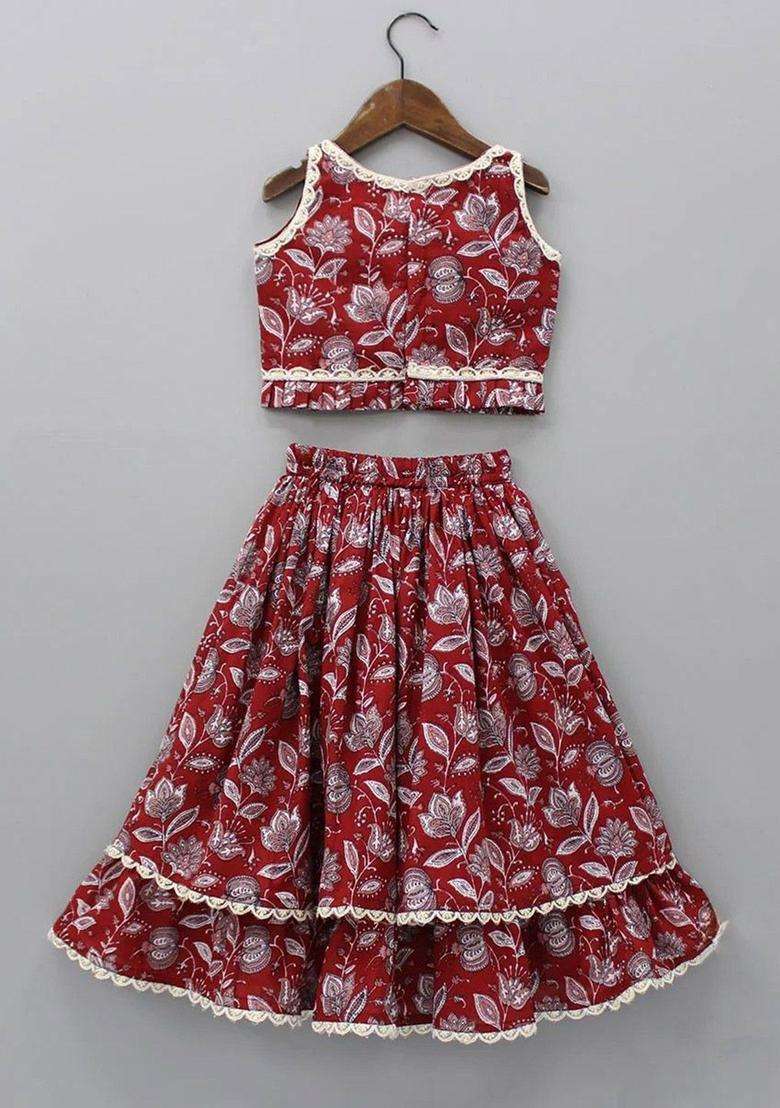 Maroon Printed Cotton Lehenga Set For Girls - Indya