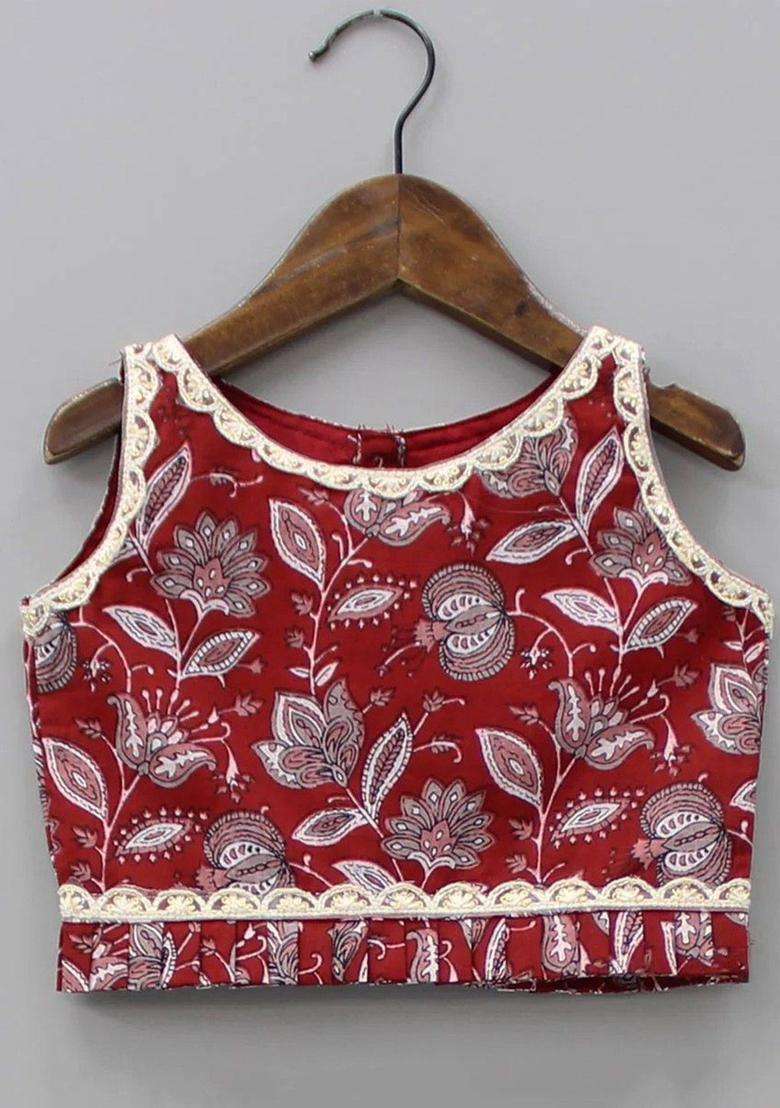 Maroon Printed Cotton Lehenga Set For Girls - Indya