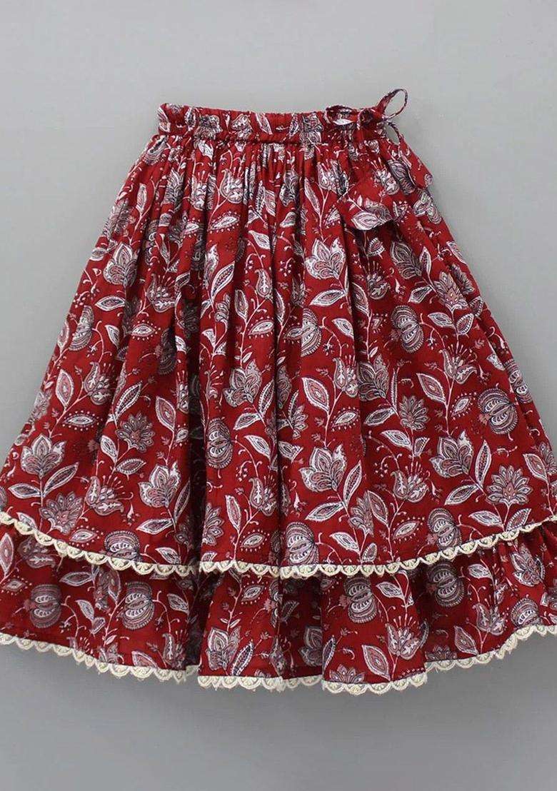 Maroon Printed Cotton Lehenga Set For Girls - Indya