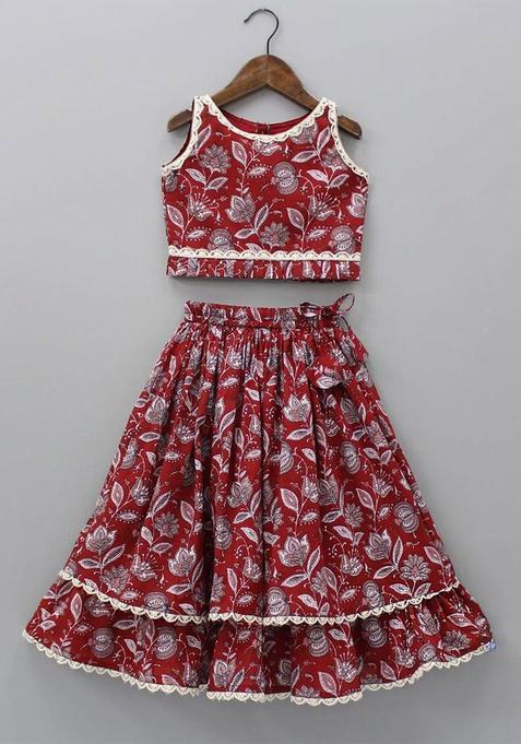 Maroon Printed Cotton Lehenga Set For Girls — view on Indya