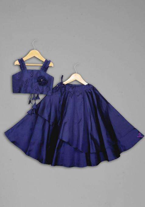 Blue Embellished Silk Lehenga Set For Girls