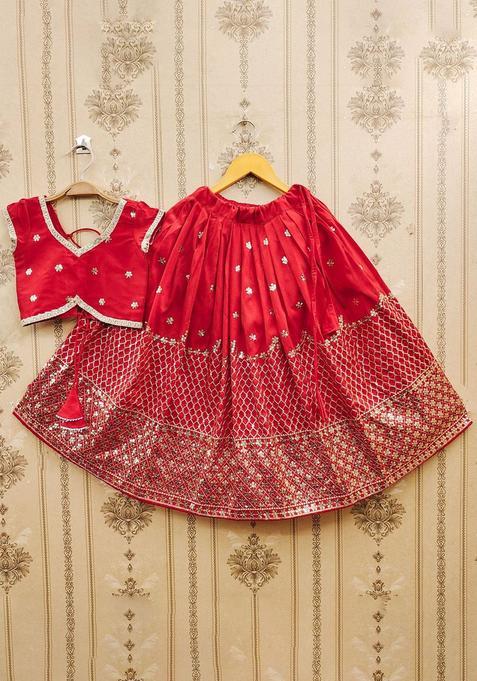 Red Embroidered Silk Lehenga Set For Girls — view on Indya