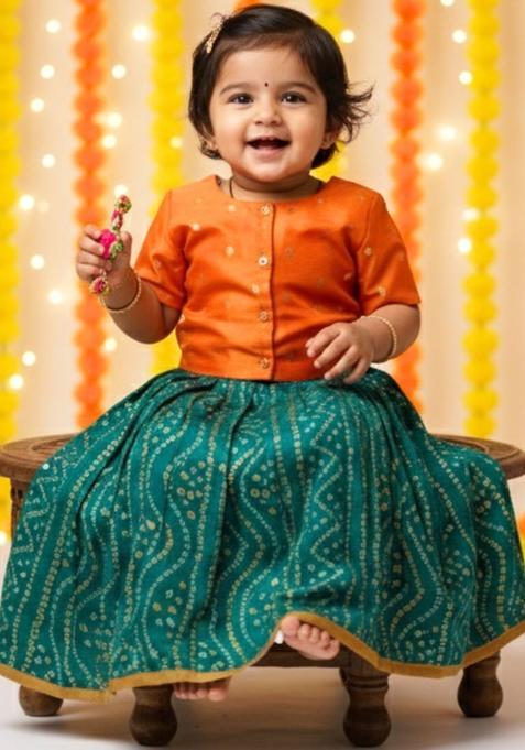 Green Woven Design Cotton Lehenga Set For Girls — view on Indya