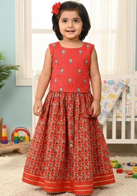 Red Printed Cotton Lehenga Set For Girls — view on Indya