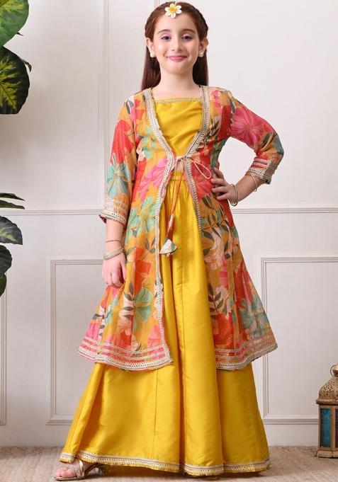 Yellow Printed Silk Lehenga Set For Girls — view on Indya