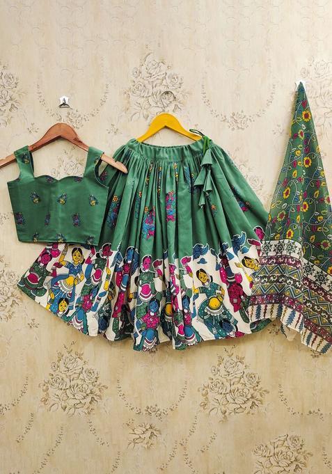 Green Printed Cotton Lehenga Set For Girls — view on Indya