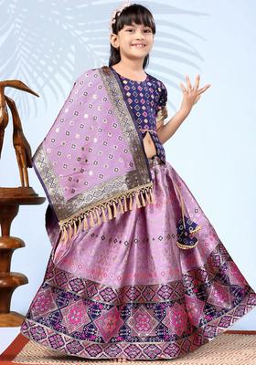 Purple Woven Design Silk Lehenga Set For Girls