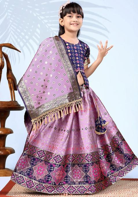 Purple Woven Design Silk Lehenga Set For Girls — view on Indya