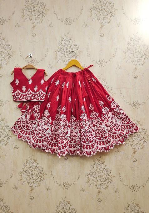 Red Embroidered Silk Lehenga Set For Girls — view on Indya