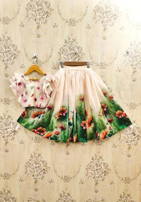 Peach Printed Georgette Lehenga Set For Girls