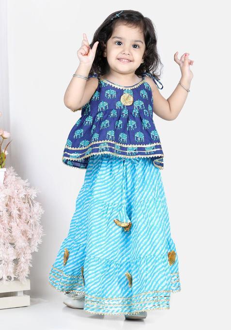 Blue Printed Cotton Lehenga Set For Girls — view on Indya
