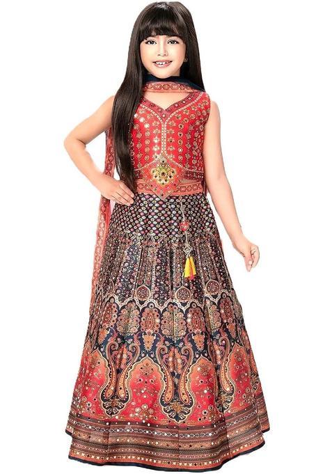 Multi Printed Silk Lehenga Set For Girls — view on Indya