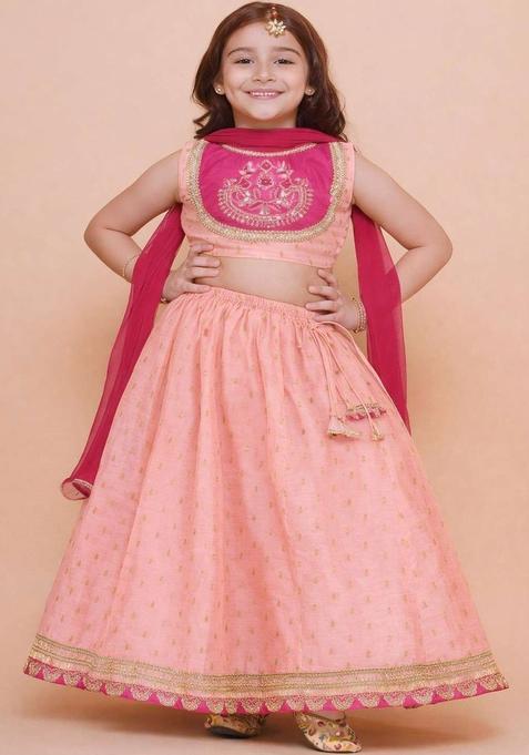 Peach Embroidered Silk Lehenga Set For Girls — view on Indya