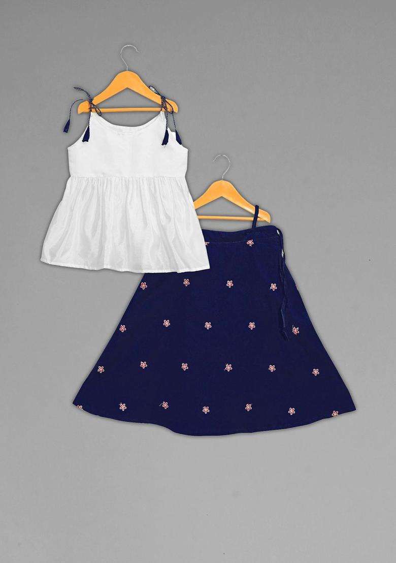 White Solid Silk Lehenga Set For Girls - Indya