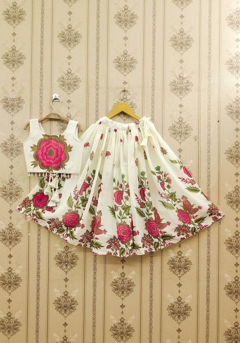 Beige Printed Silk Lehenga Set For Girls — view on Indya