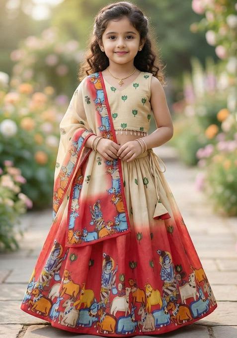 Multi Printed Cotton Lehenga Set For Girls — view on Indya