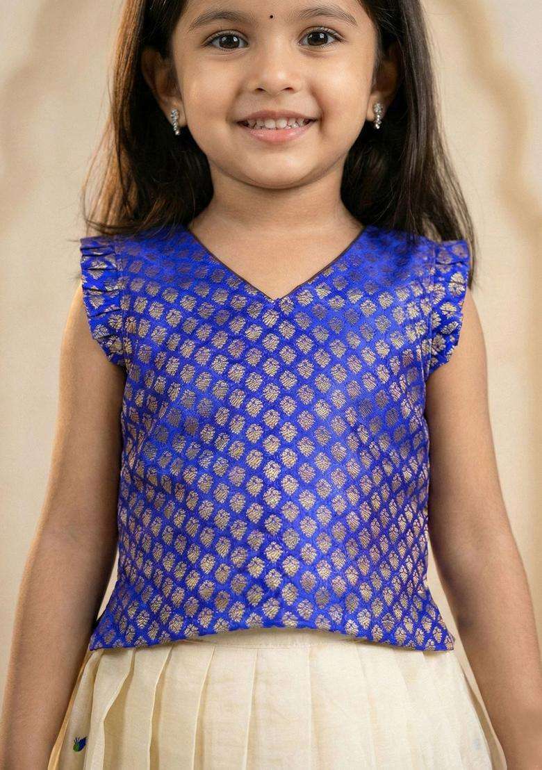 Beige Woven Design Cotton Lehenga Set For Girls - Indya